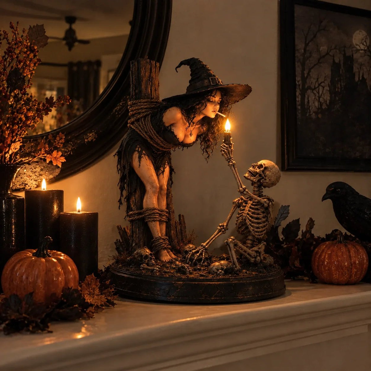 🧙💀Witch and Skeleton Candle Figure – Dark, Gothic Halloween Table Decoration🔥