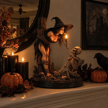 🧙💀Witch and Skeleton Candle Figure – Dark, Gothic Halloween Table Decoration🔥