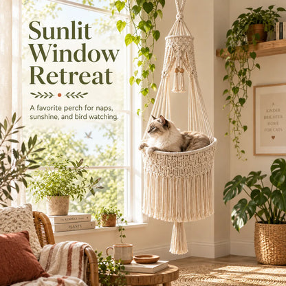 Handmade Cotton Rope Hanging Cat Hammock & Artistic Swing Nest Boho Suspended Cat Bed for Window, Wall & Home Decor