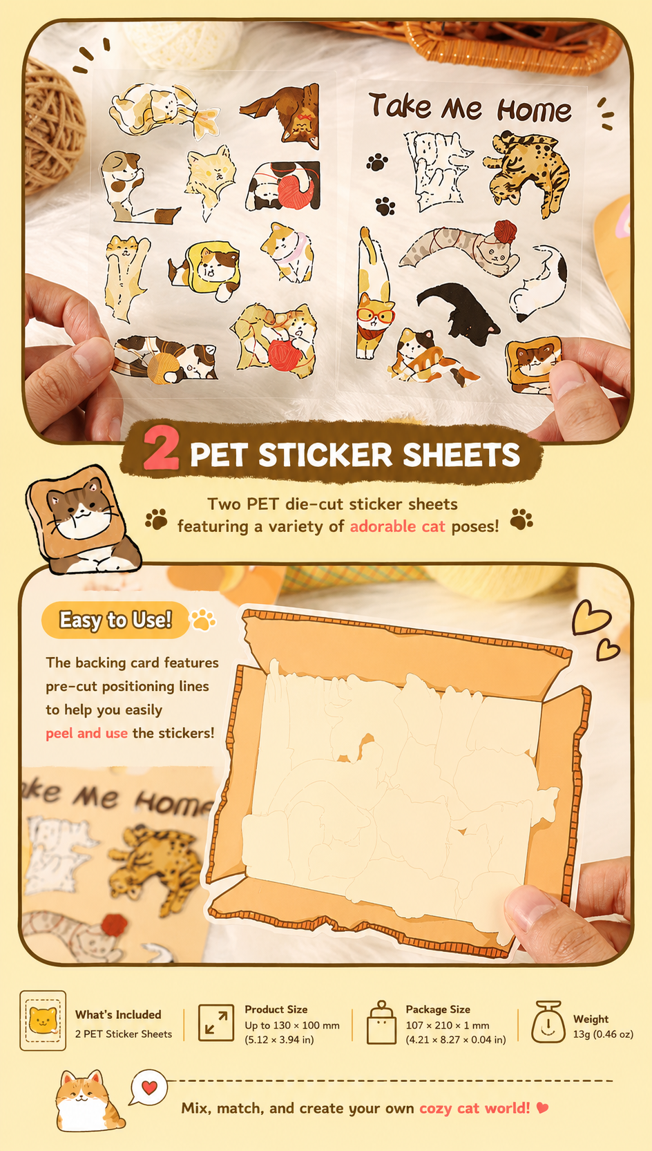 🐱 Cat Can Head Cute Cat PET Sticker Set, Kawaii Puzzle Decorative Stickers for Journal &amp; Scrapbook