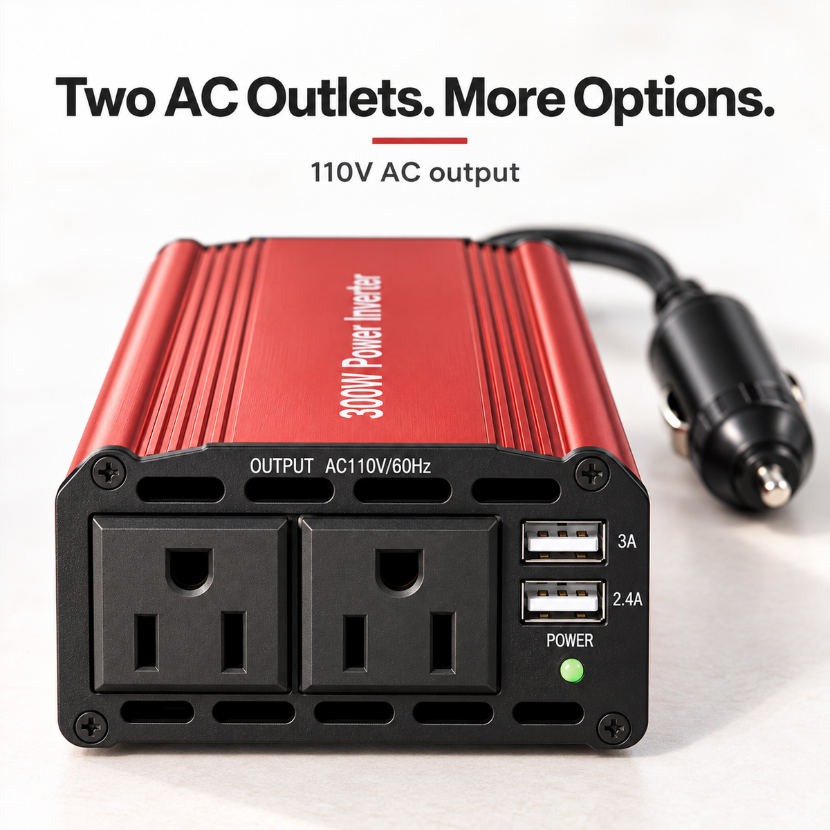 ⚡300W Car Power Inverter | DC 12V to 110V AC Converter | 2 AC Outlets & 2 USB‑A Ports, Aluminum Housing with Cooling Fan for Road Trip & Camping