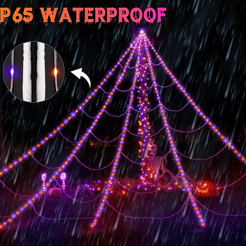 🔥Light-Up Halloween Spider Web Decor with Timer – Waterproof Purple & Orange LED Spooky Lights for Lawn & Outdoor Party