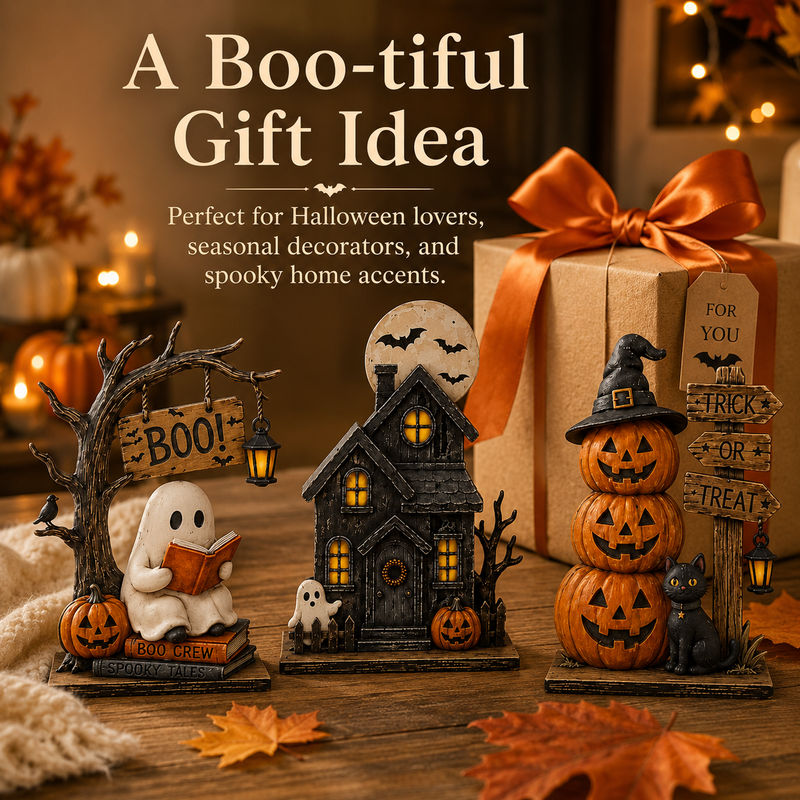 3-Piece Halloween Decor Set – Ghost, Haunted House & Pumpkins