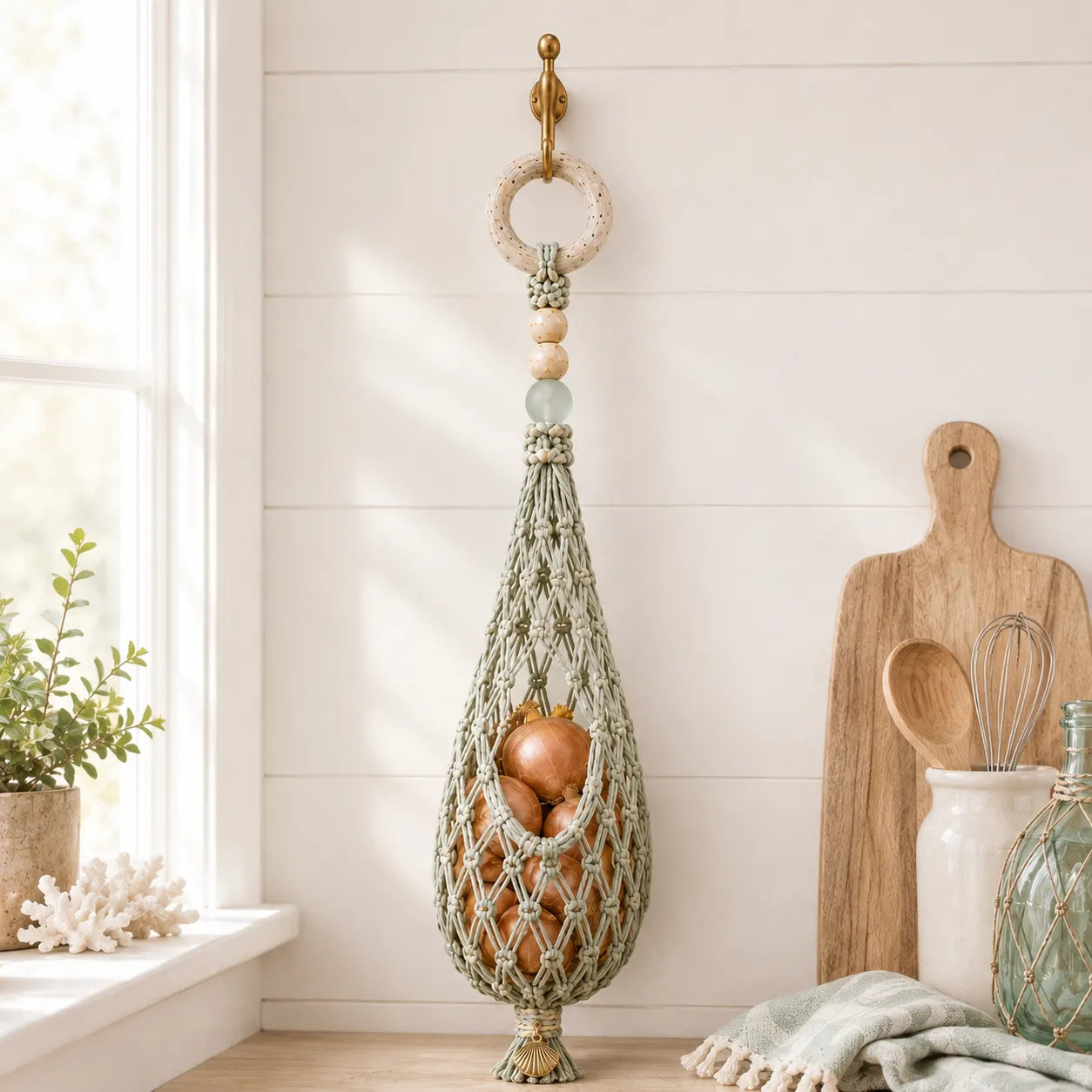 🌊 Coastal Hanging Produce Storage – Handwoven Breathable Organizer with Easy Side Access