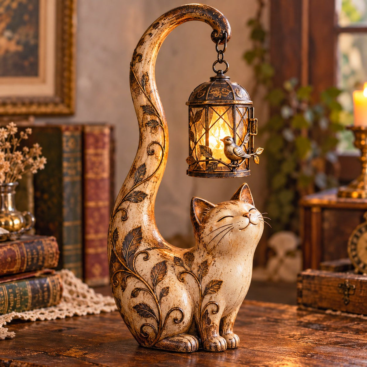 🐱✨ Little Guardian Cat Lantern™ | Vintage Lighted Sculpture