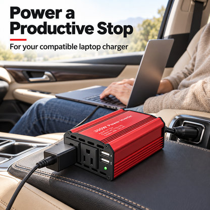 ⚡300W Car Power Inverter | DC 12V to 110V AC Converter | 2 AC Outlets & 2 USB‑A Ports, Aluminum Housing with Cooling Fan for Road Trip & Camping