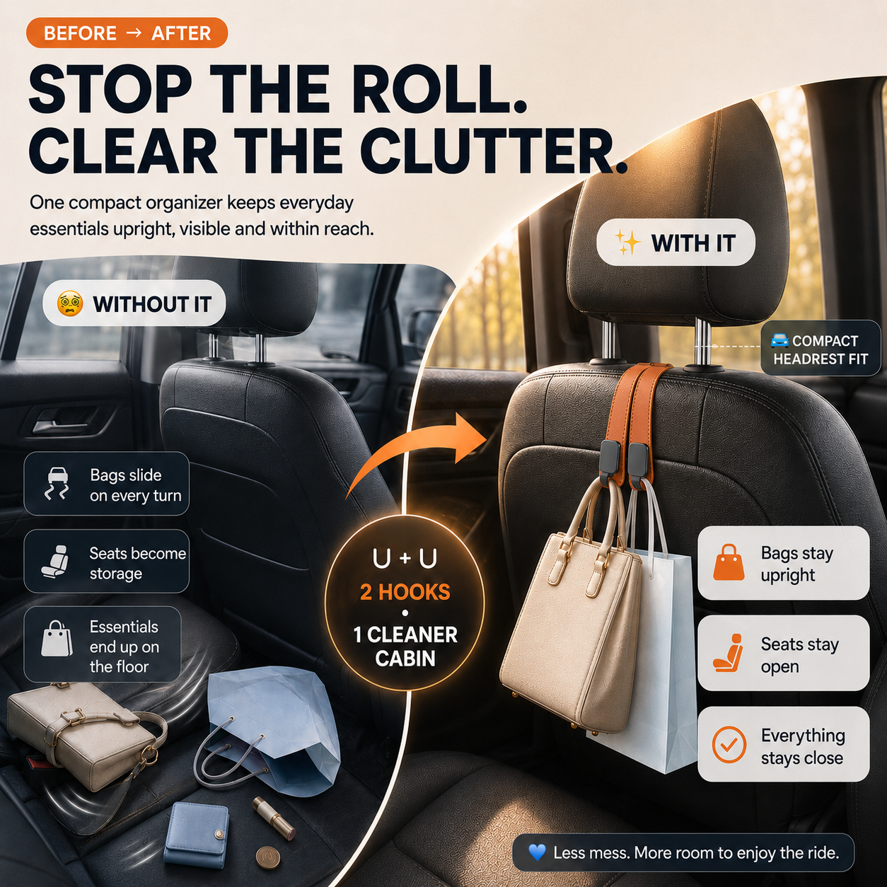 🚗Foldable Dual-Hook Car Headrest Organizer & Phone Holder