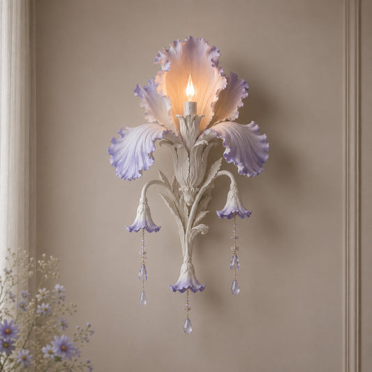 🌸 Enchanted Iris Bloom Wall Sconce | Floral LED Botanical Wall Light with Crystal Drops 💎