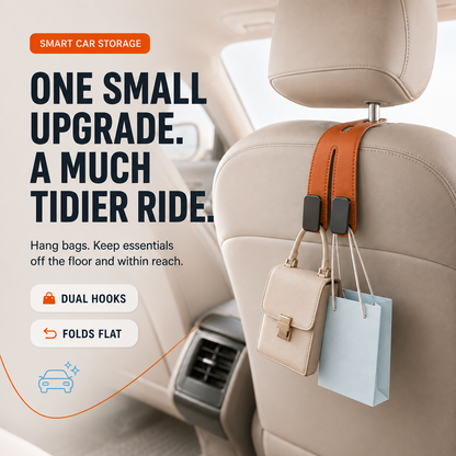 🚗Foldable Dual-Hook Car Headrest Organizer & Phone Holder