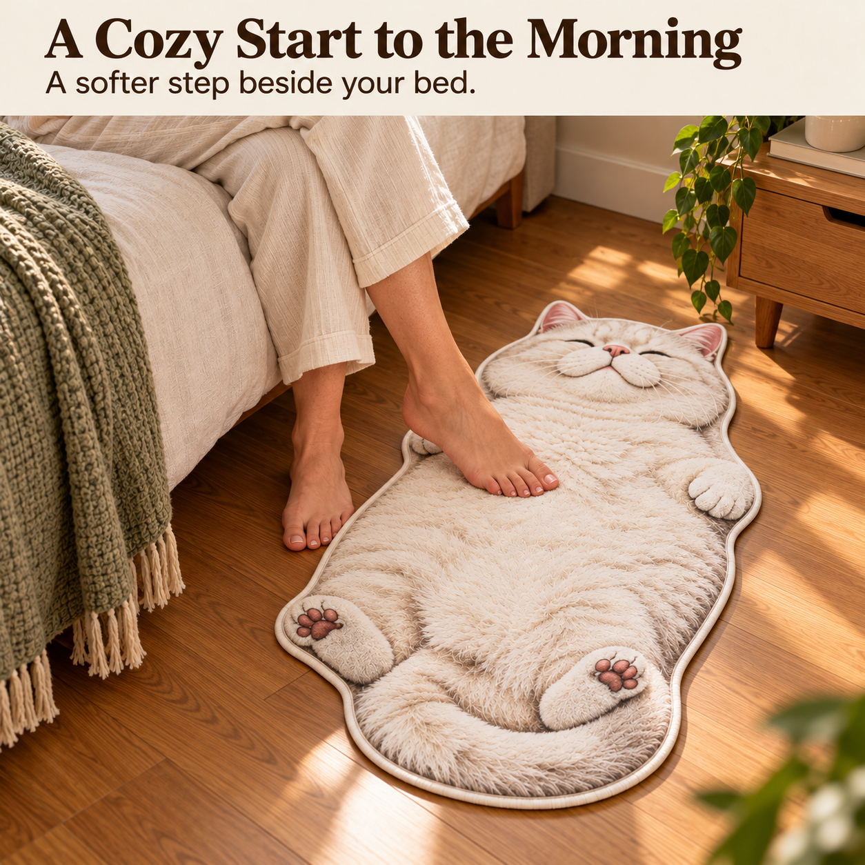 Adult feet on a cat-shaped rug beside the bed