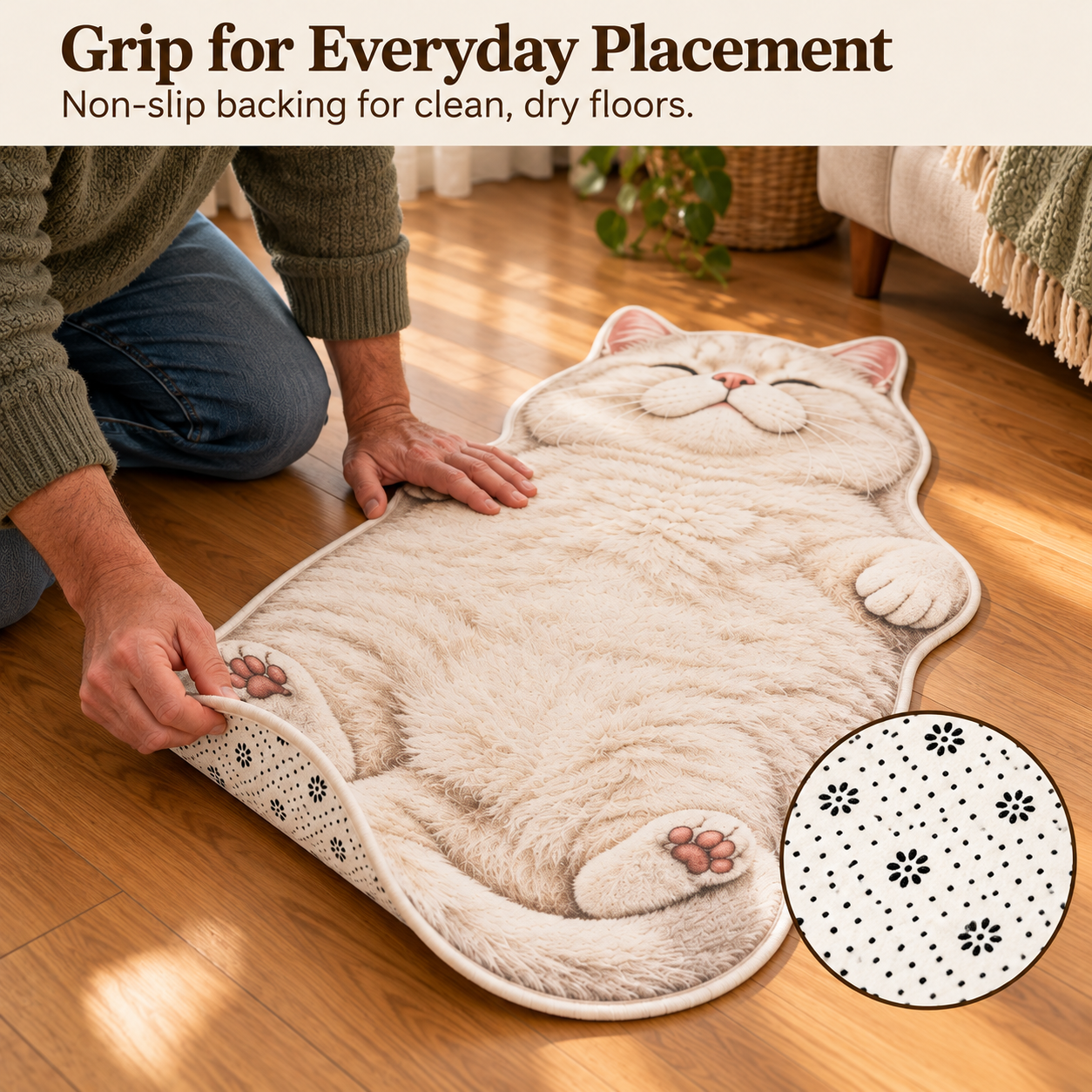 Dotted non-slip backing on a cat-shaped rug