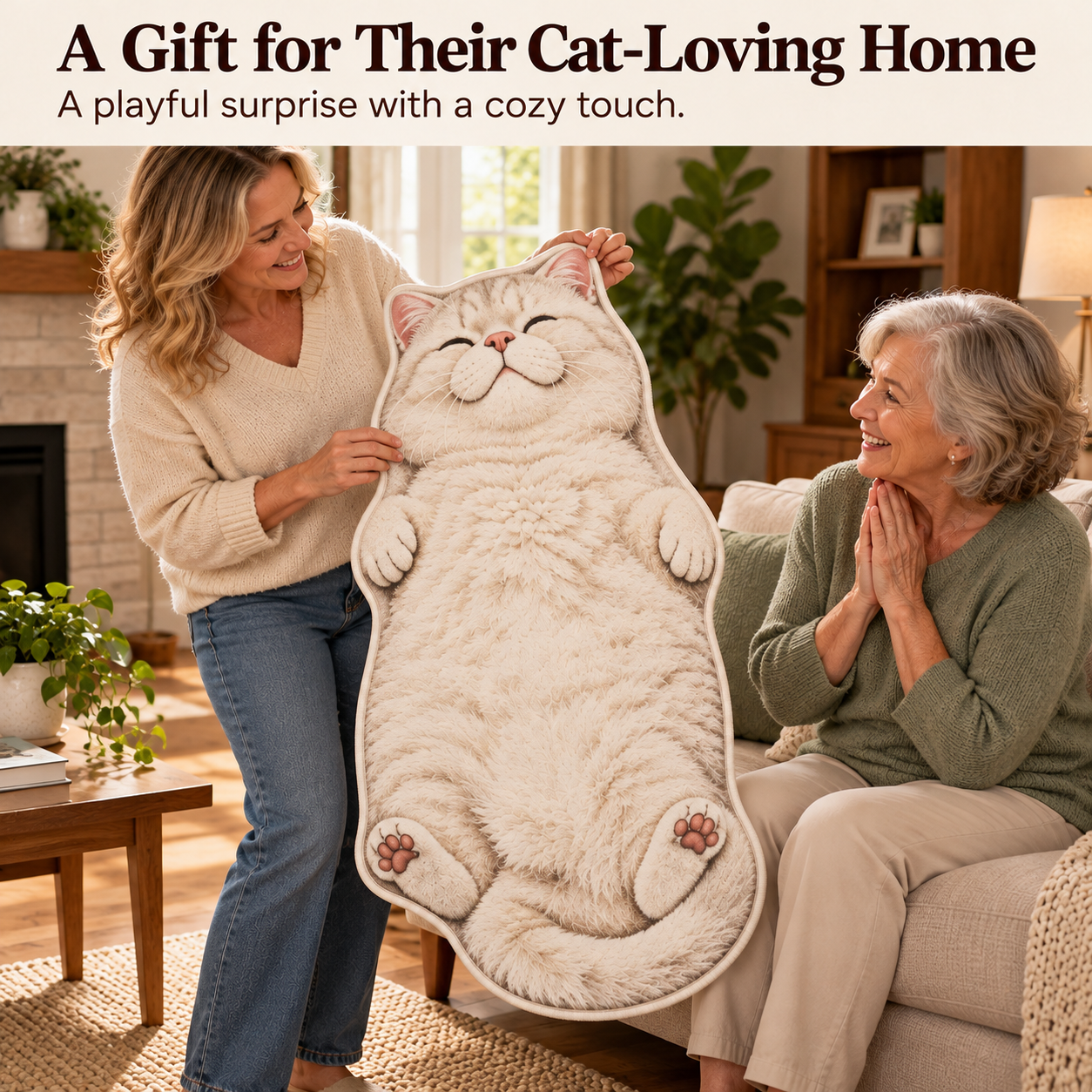 Adult women presenting a cat-shaped rug as a home gift