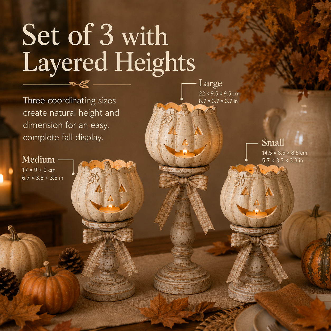 Harvest Glow White Pumpkin Pedestal Tealight Holders – Set of 3