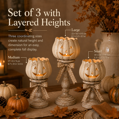 Harvest Glow White Pumpkin Pedestal Tealight Holders – Set of 3