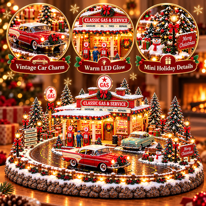 🚗🎄 Christmas Classic Gas Station Village™ – Lighted Vintage American Gas Station with Classic Cars