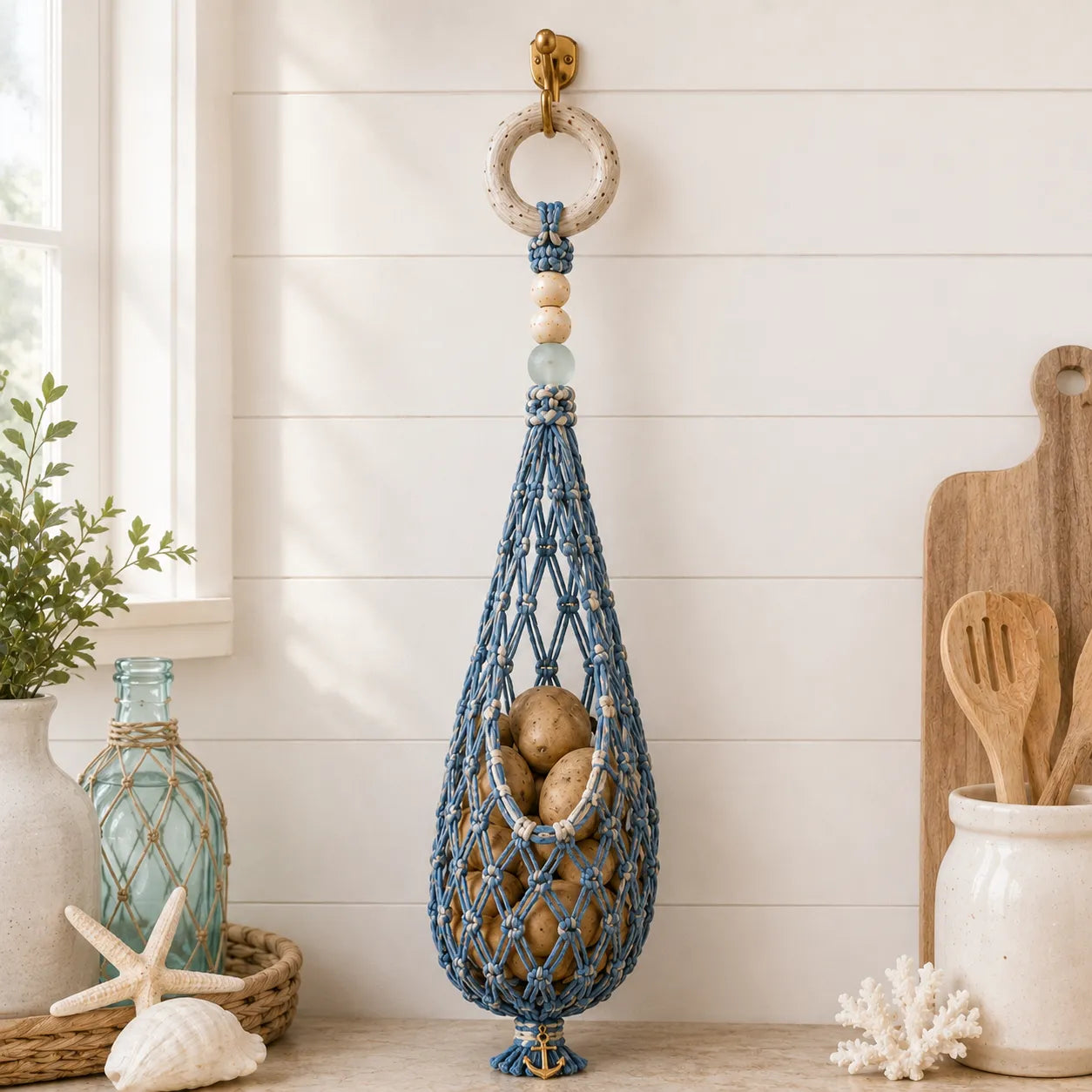 🌊 Coastal Hanging Produce Storage – Handwoven Breathable Organizer with Easy Side Access