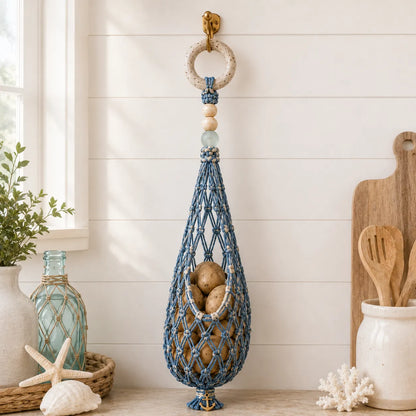 🌊 Coastal Hanging Produce Storage – Handwoven Breathable Organizer with Easy Side Access