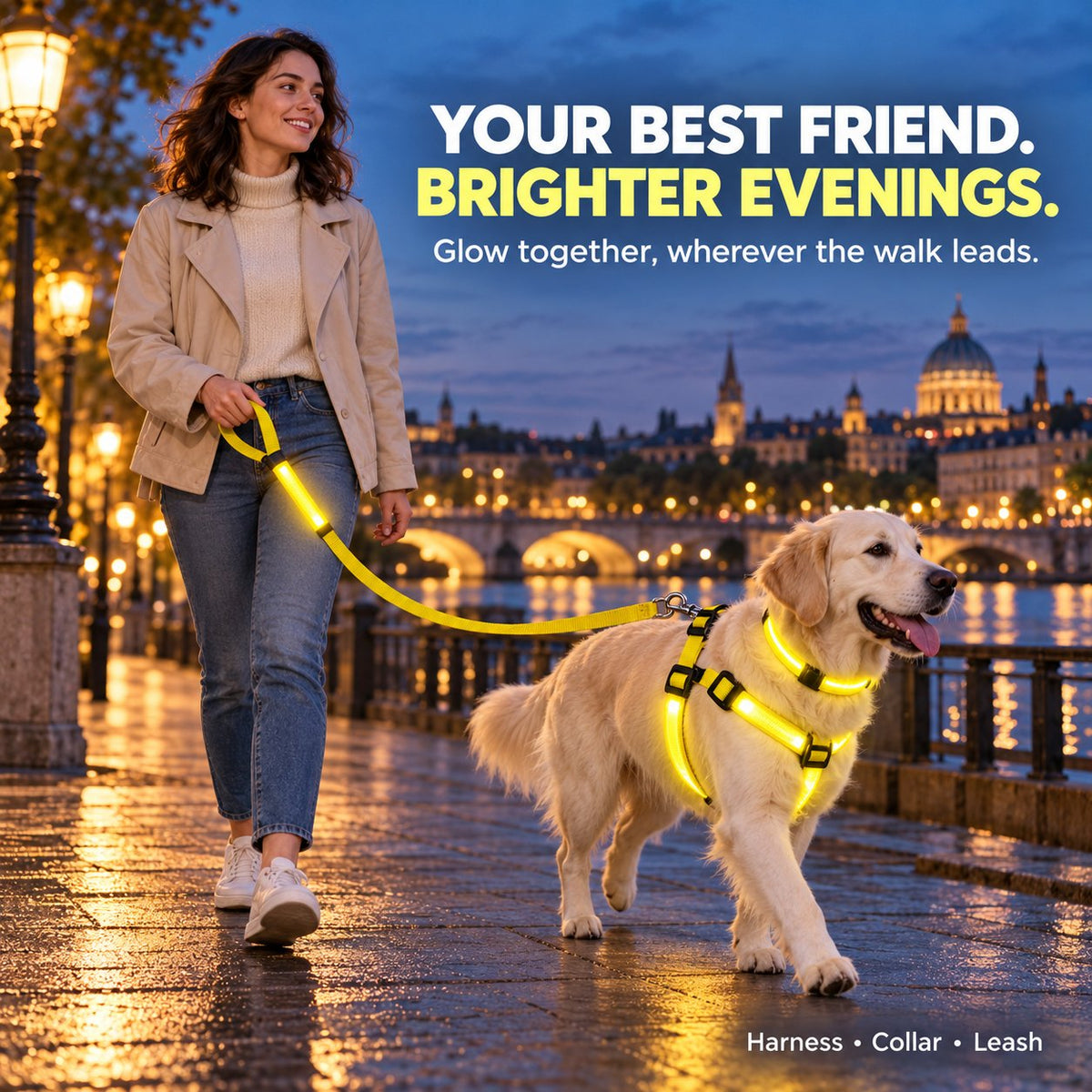 🐕 3-Piece Rechargeable LED Dog Walking Kit ✨ Light-Up Harness, Collar & Leash for Safer Night Walks