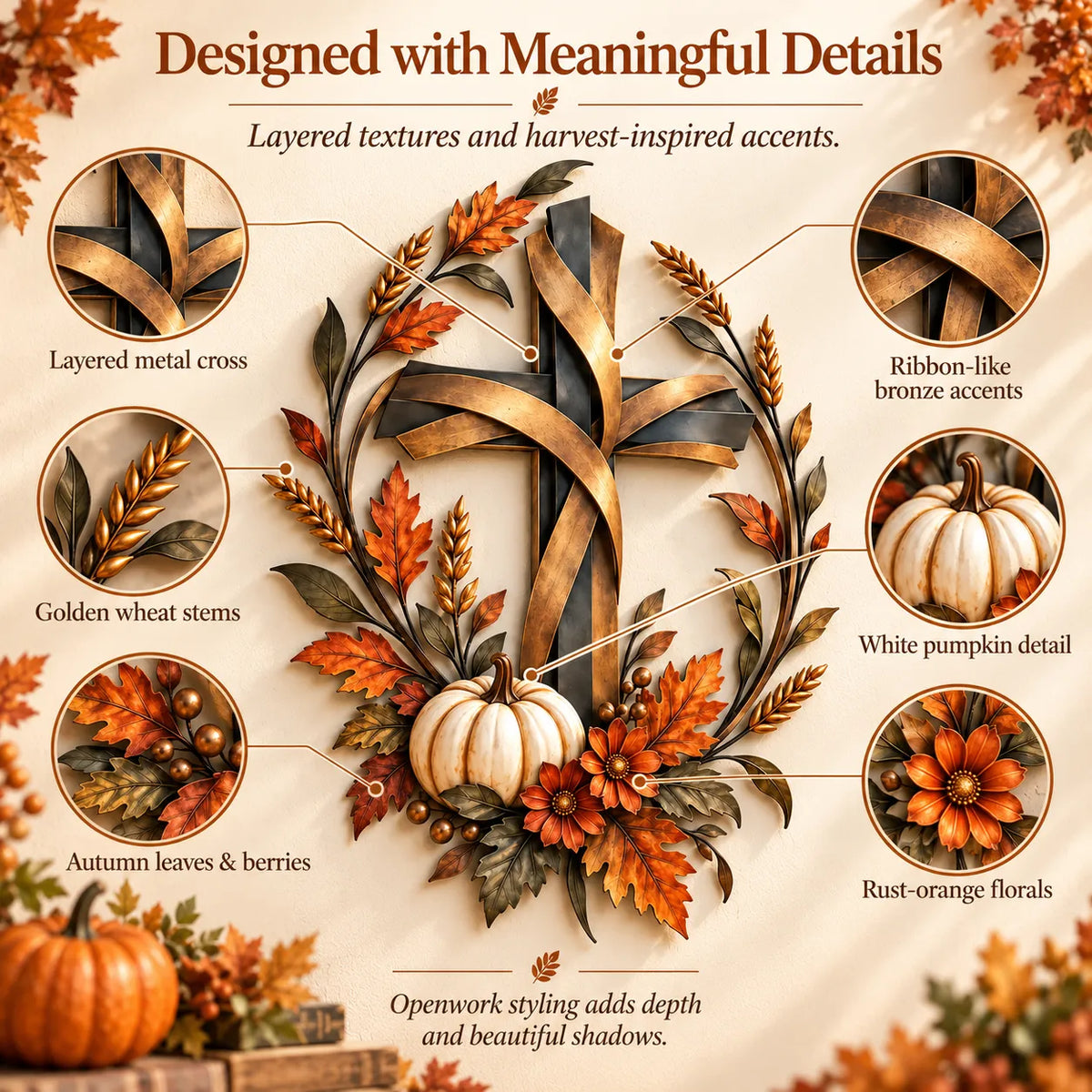 ✝️🍂 Autumn Cross & Pumpkin Harvest Metal Wall Decor