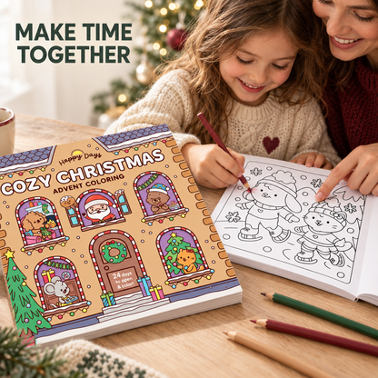 🎄✨Happy Days‑Cosy Christmas Advent Colouring Book | Hardback Edition | 24 Sealed Daily Surprise Sections | All‑Ages Screen‑Free Festive Activity