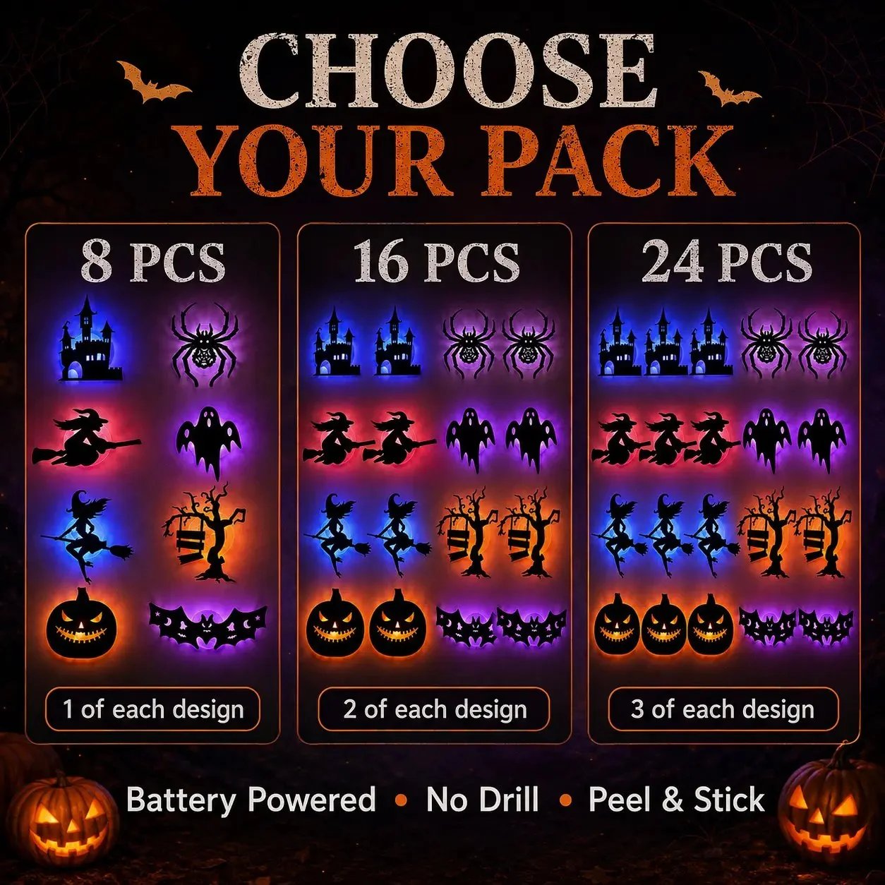 🔥LAST DAY 49% OFF | Renter-Friendly Peel & Stick Halloween LED Window Lights, No Drill No Residue, 8 Spooky Silhouette Designs