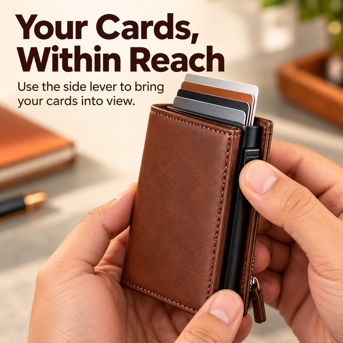 Hand using the side lever to raise cards from the compact brown wallet