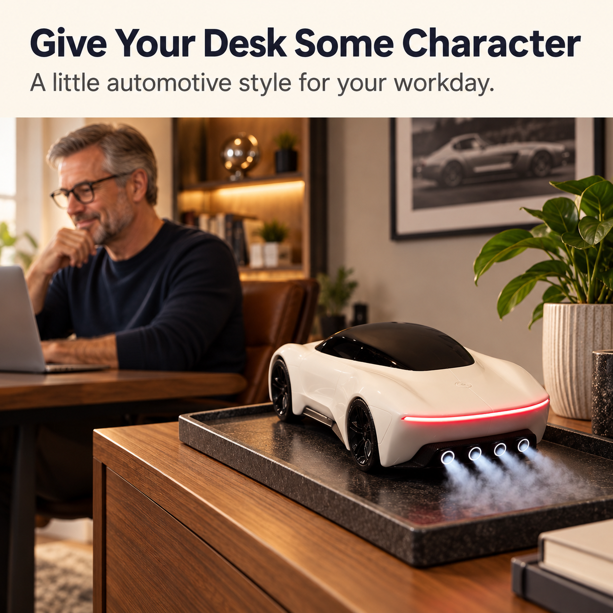 Car-shaped diffuser on a separate home-office side table