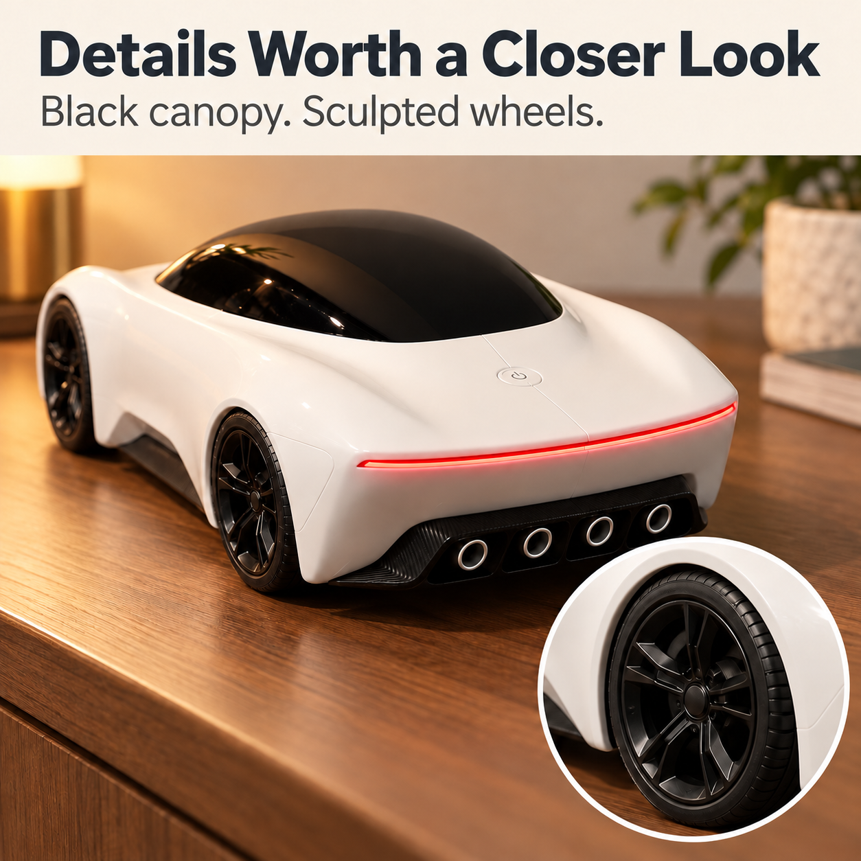 Black canopy and sculpted dark wheel details on the white car-shaped design