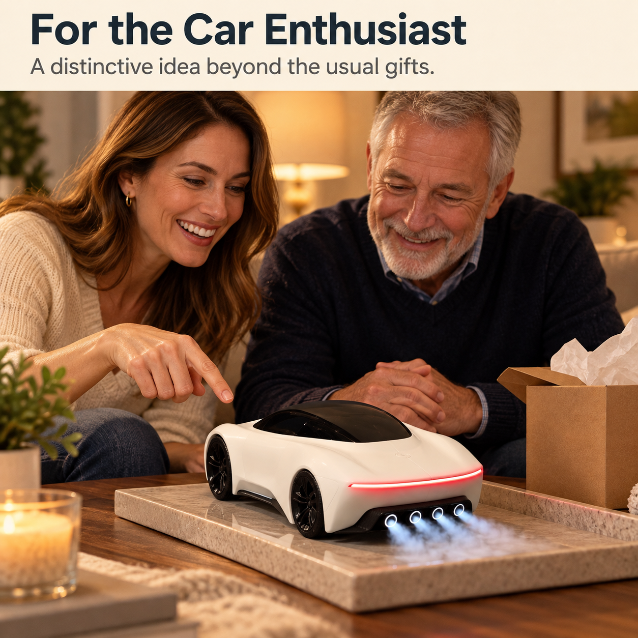 Two adults enjoying a sports-car-shaped diffuser as a gift idea