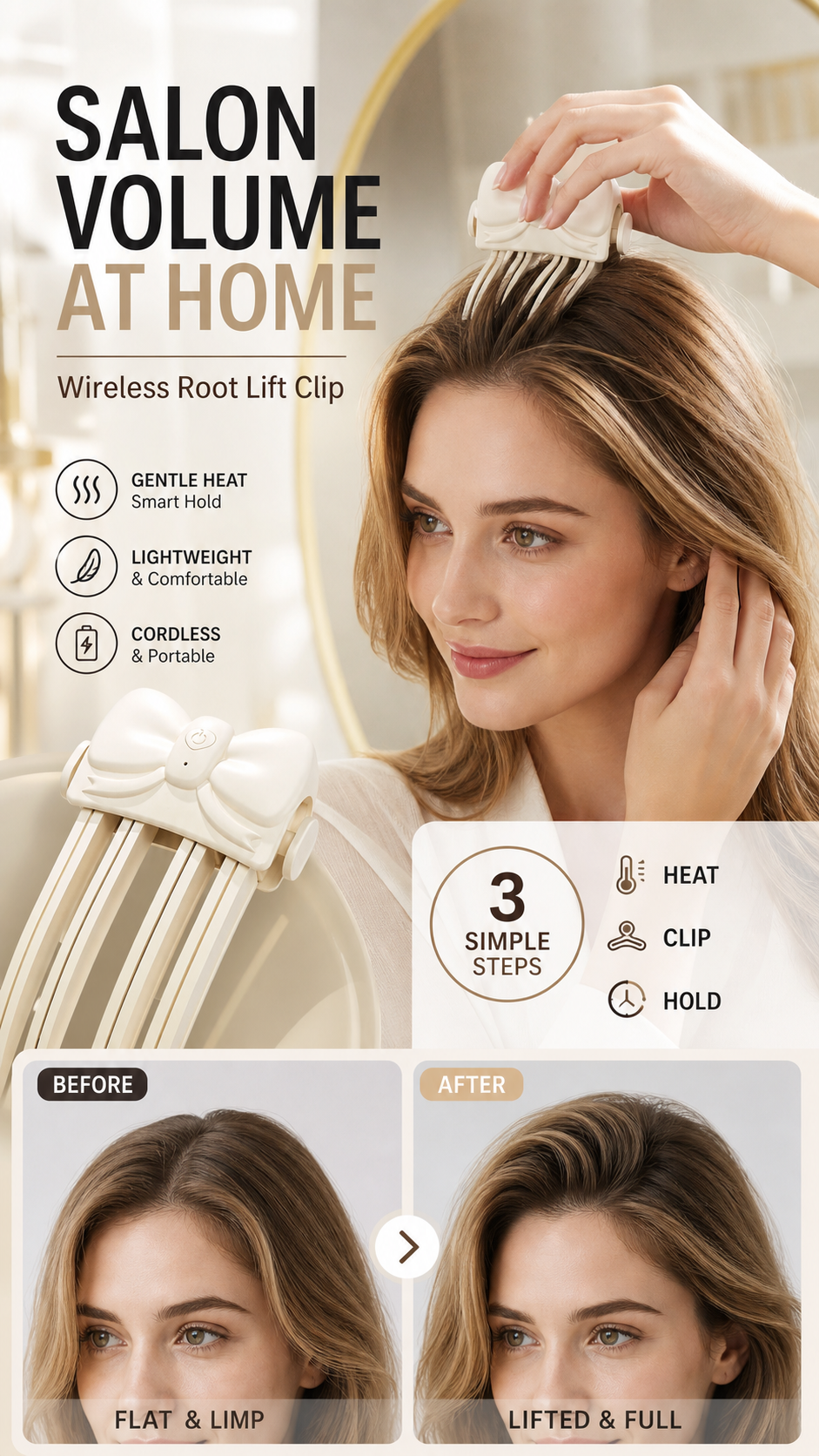 📢📢50% OFF !! ⏰Wireless Heated Volumizing Root Lift Clip - Salon Crown Volume Styling Tool for Fine Flat Hair
