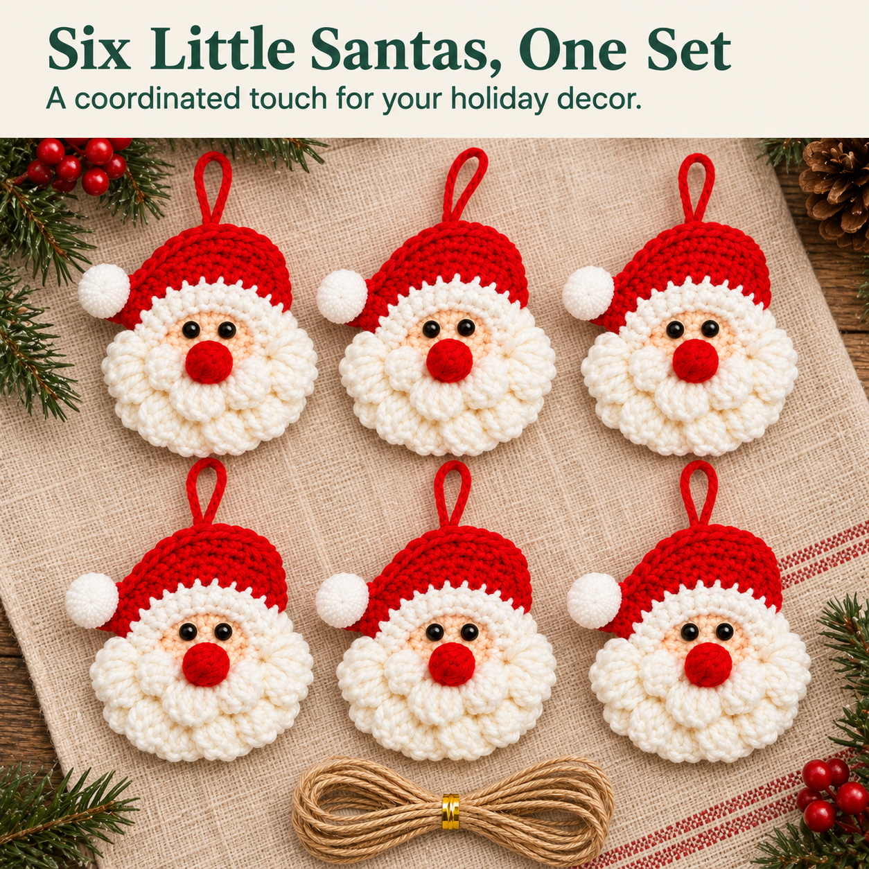 Six crochet Santa ornaments in one set