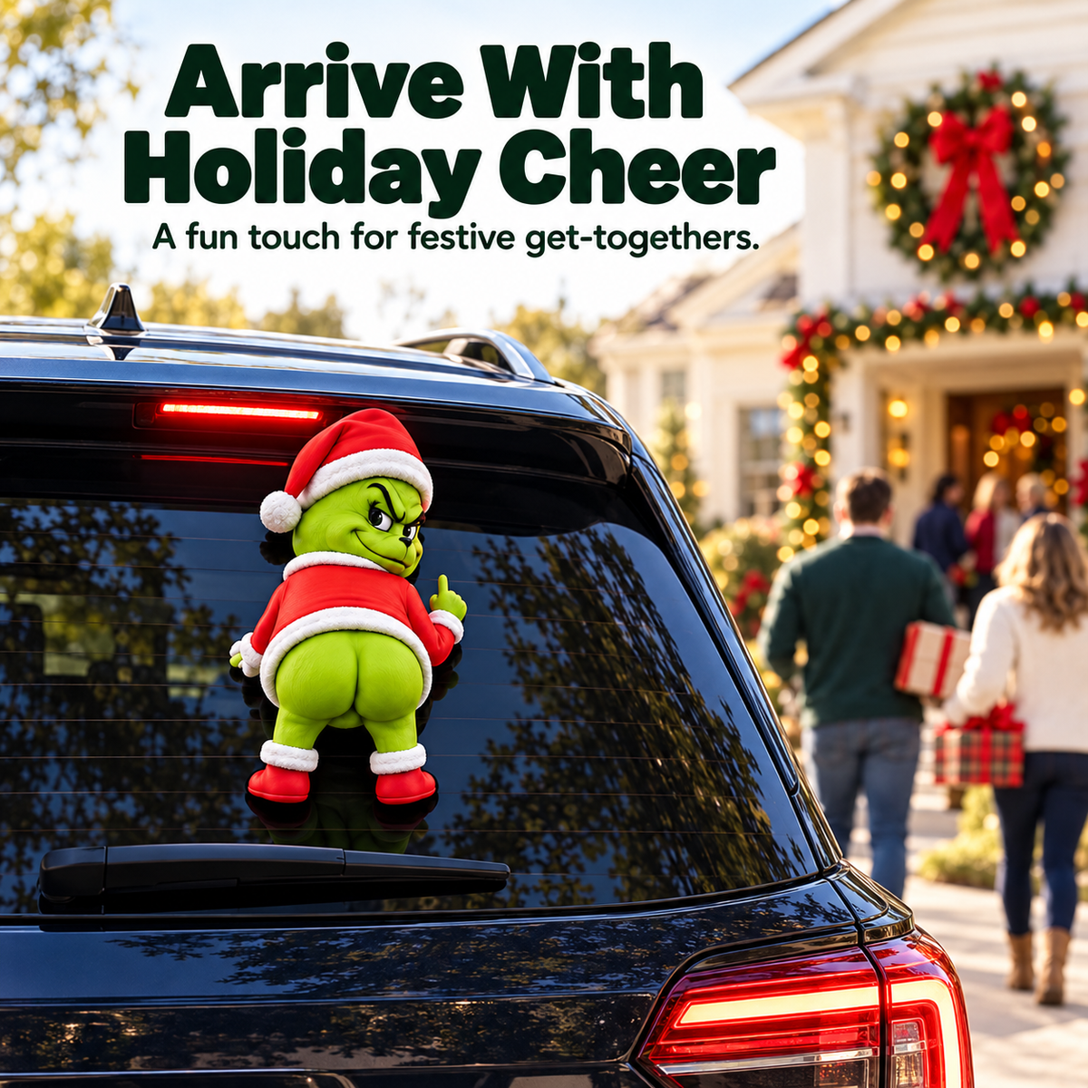 Christmas rear-window character decoration on an SUV during the holiday season