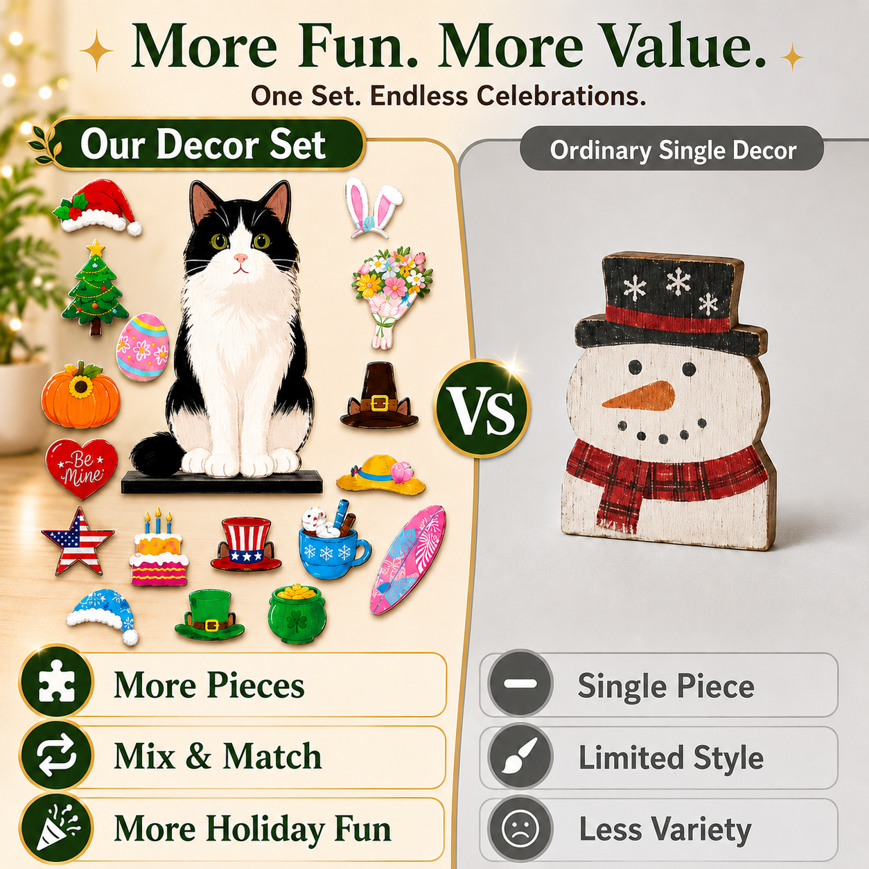 🐾 Interchangeable Wooden Cat Seasonal Desk Sign (27-Pcs Set)