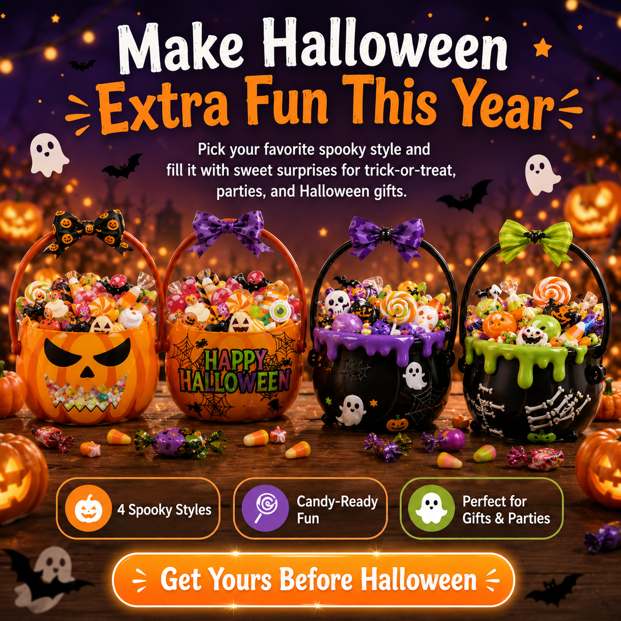 🎃 Halloween Trick-or-Treat Candy Bag – Cute Pumpkin & Witch Cauldron Treat Gift Tote