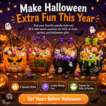 🎃 Halloween Trick-or-Treat Candy Bag – Cute Pumpkin & Witch Cauldron Treat Gift Tote