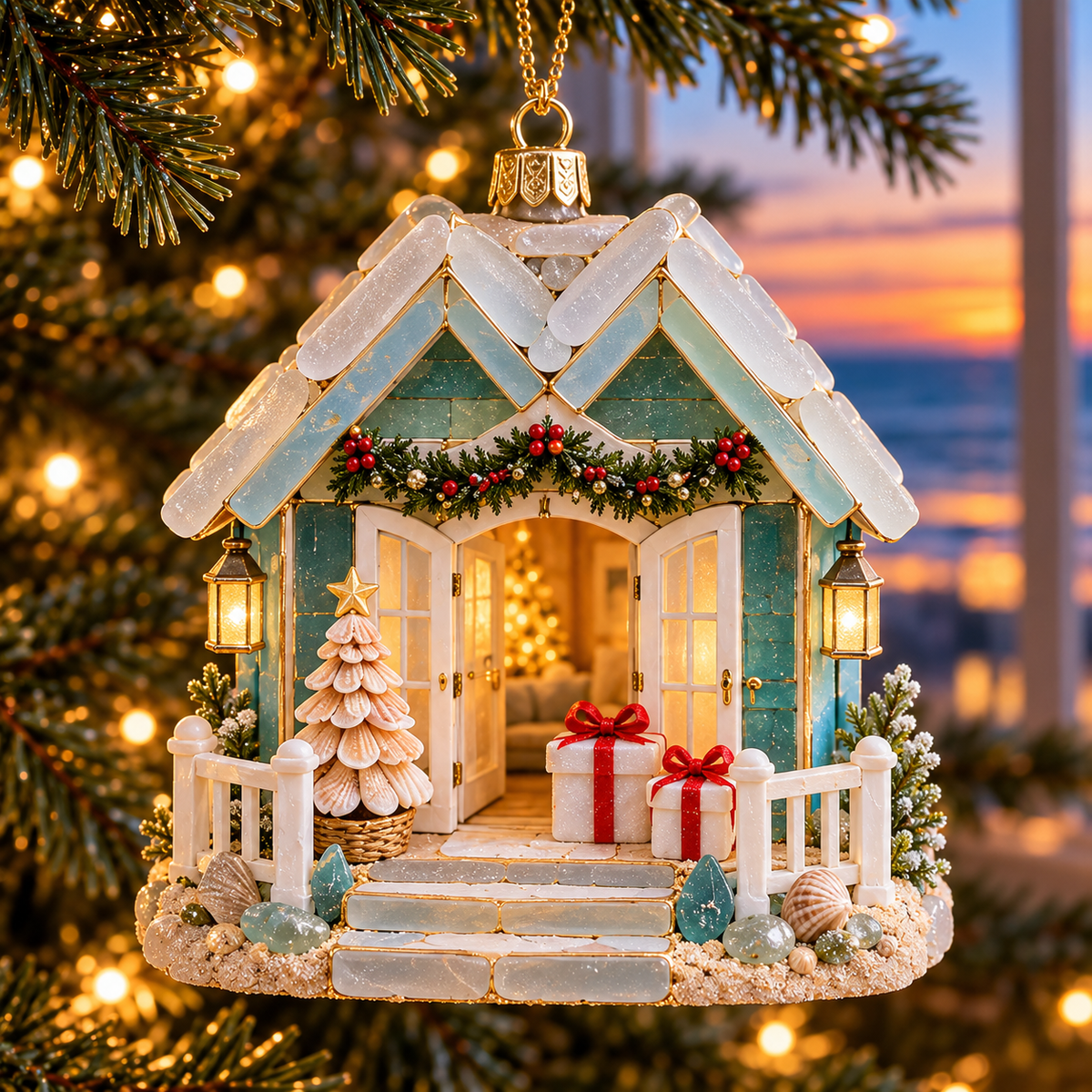 🌊 2026 Coastal Christmas Cottage Ornaments – Set of 6 Beach House Holiday Keepsakes