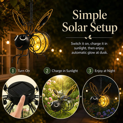 Outdoor Hanging Solar Bee Light, Glowing Metal Bee with Hook and Spring