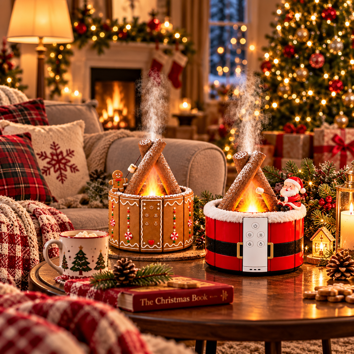 MerryMist Christmas Campfire Aroma Diffuser – Cozy Flame-Style Glow, Festive Mist & Adorable Santa/Gingerbread Designs