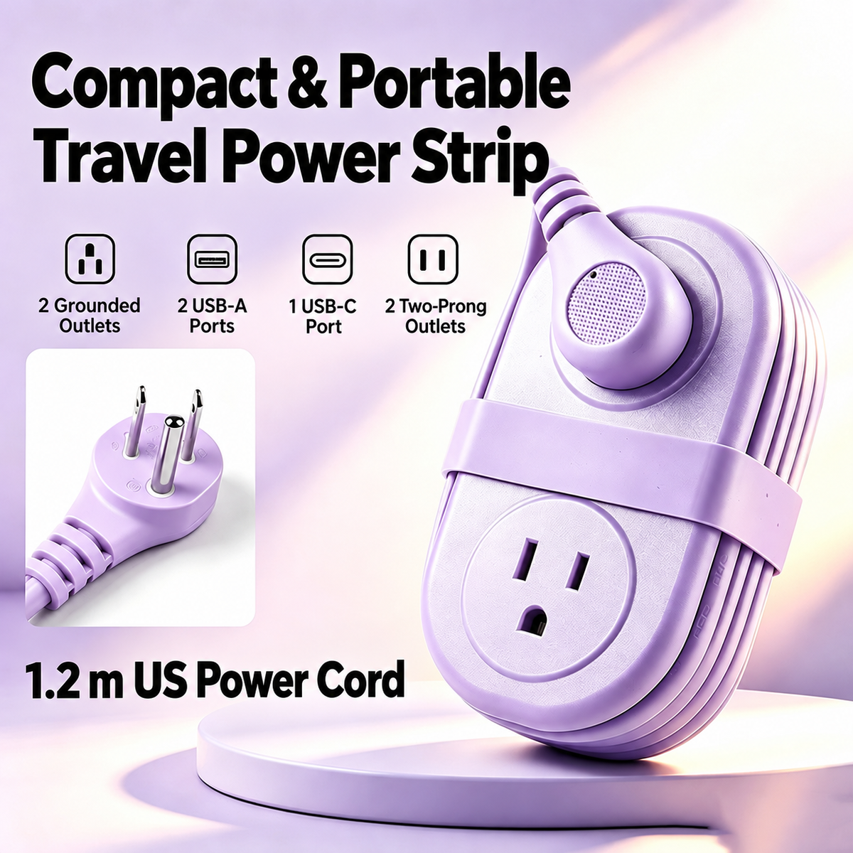 🔌 Retractable Travel Power Strip, Portable Wrapped Extension Cord with 2 AC Outlets, USB & USB-C Ports, Compact Desktop Charger for Trip Office