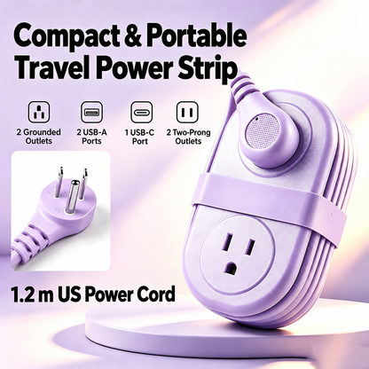 🔌 Retractable Travel Power Strip, Portable Wrapped Extension Cord with 2 AC Outlets, USB & USB-C Ports, Compact Desktop Charger for Trip Office