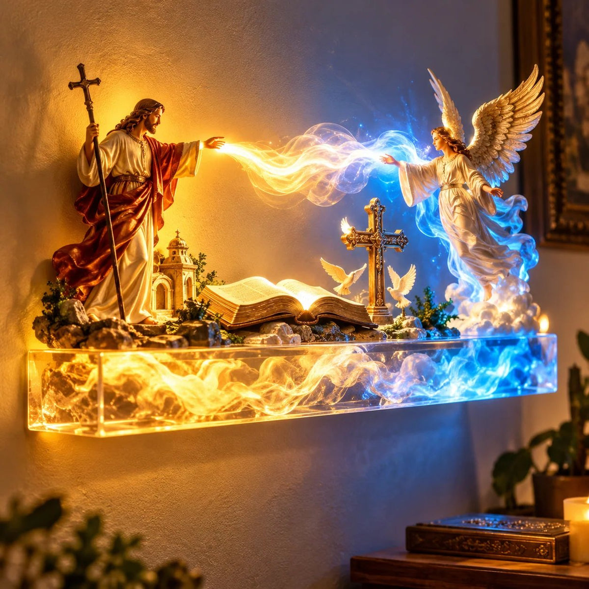 ✝️✨ Divine Light of Faith™ – 3D Illuminated Mural of Jesus and Angels