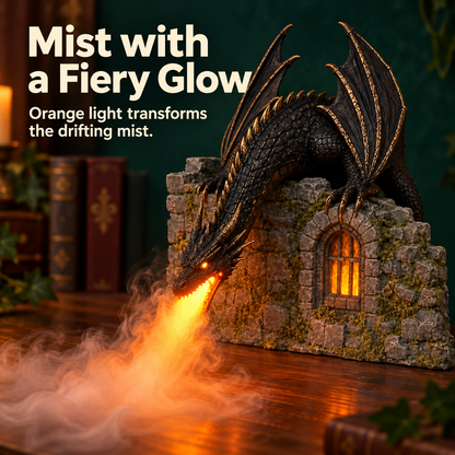 🐉 Dragon Book Nook Mist Maker with LED Light, Fantasy Castle Dragon Statue Decor, Smoke Breathing Dragon Figurine for Shelf Display