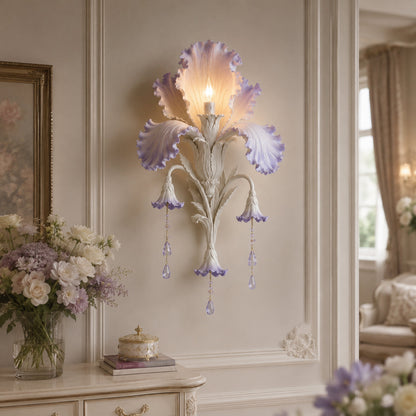 🌸 Enchanted Iris Bloom Wall Sconce | Floral LED Botanical Wall Light with Crystal Drops 💎