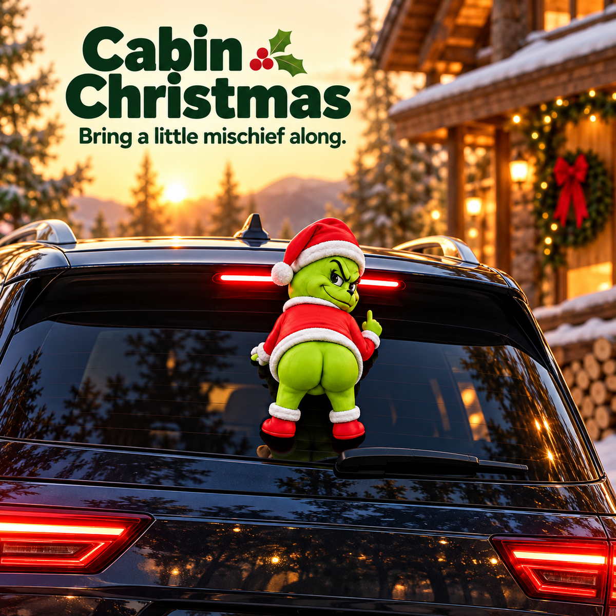 Christmas character ornament decorating the rear window of a car at a festive cabin