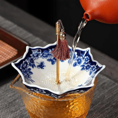 Umbrella Shape Ceramic Tea Strainer - Chinese Blue & White Porcelain Loose Leaf Filter with Rotating Design, Multi-Purpose Tea Infuser for Kung Fu/Coffee
