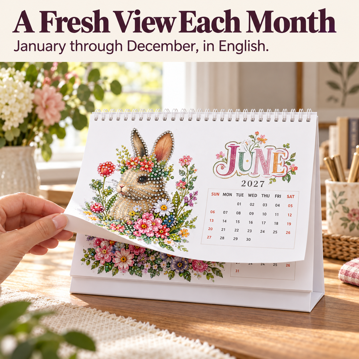 Turning a monthly page on the spiral-bound calendar