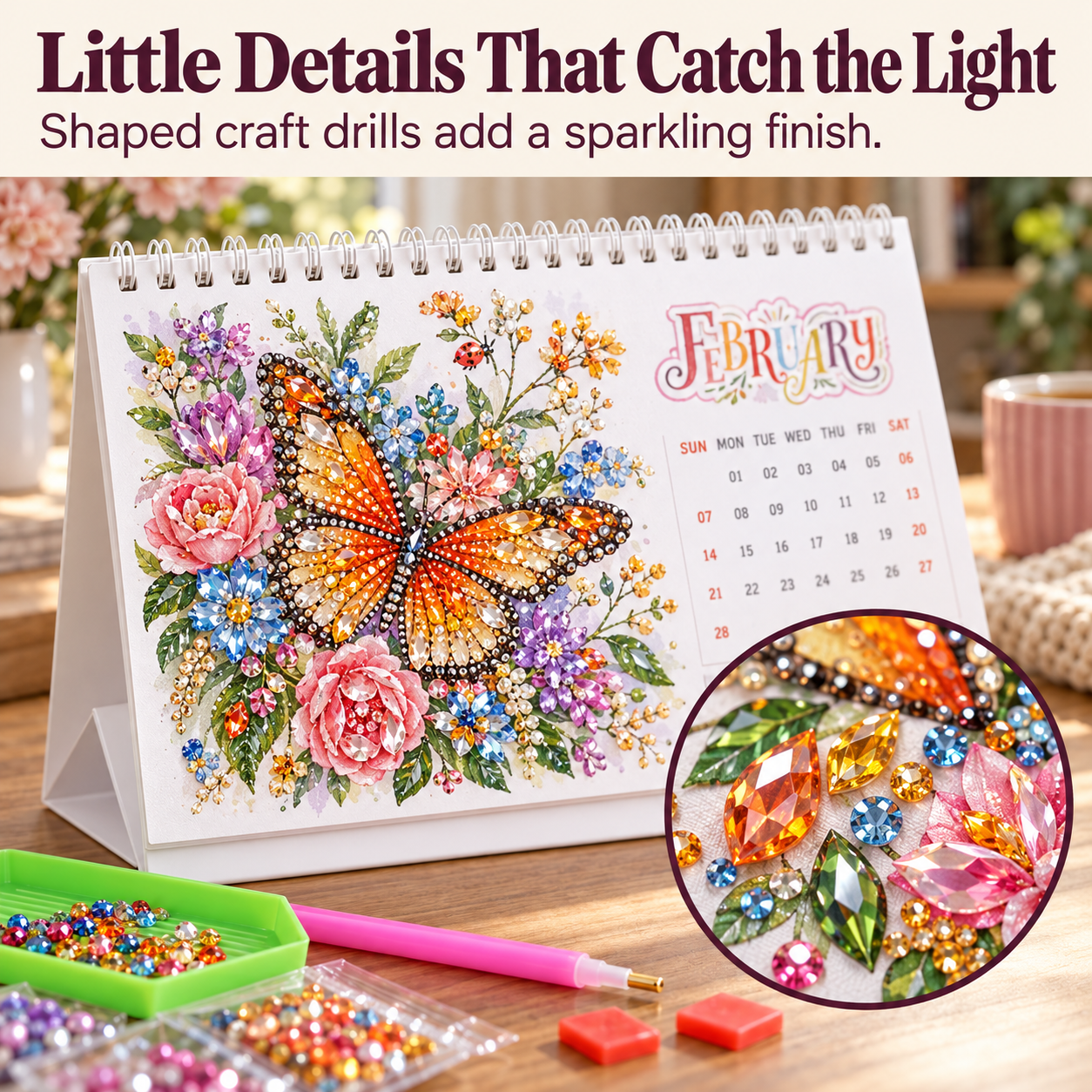 Faceted shaped craft drills with circular detail inset