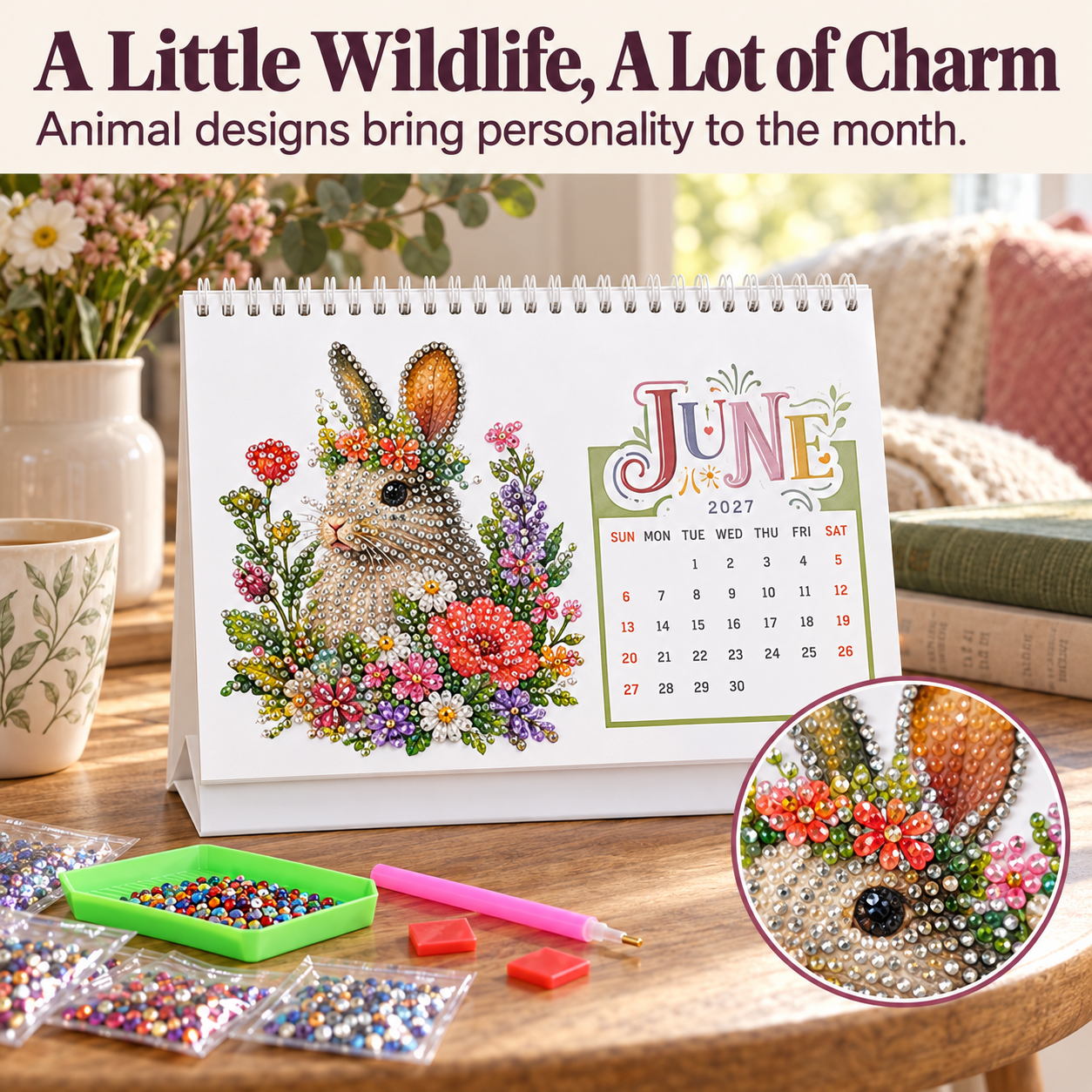 Rabbit and floral diamond-painting calendar page