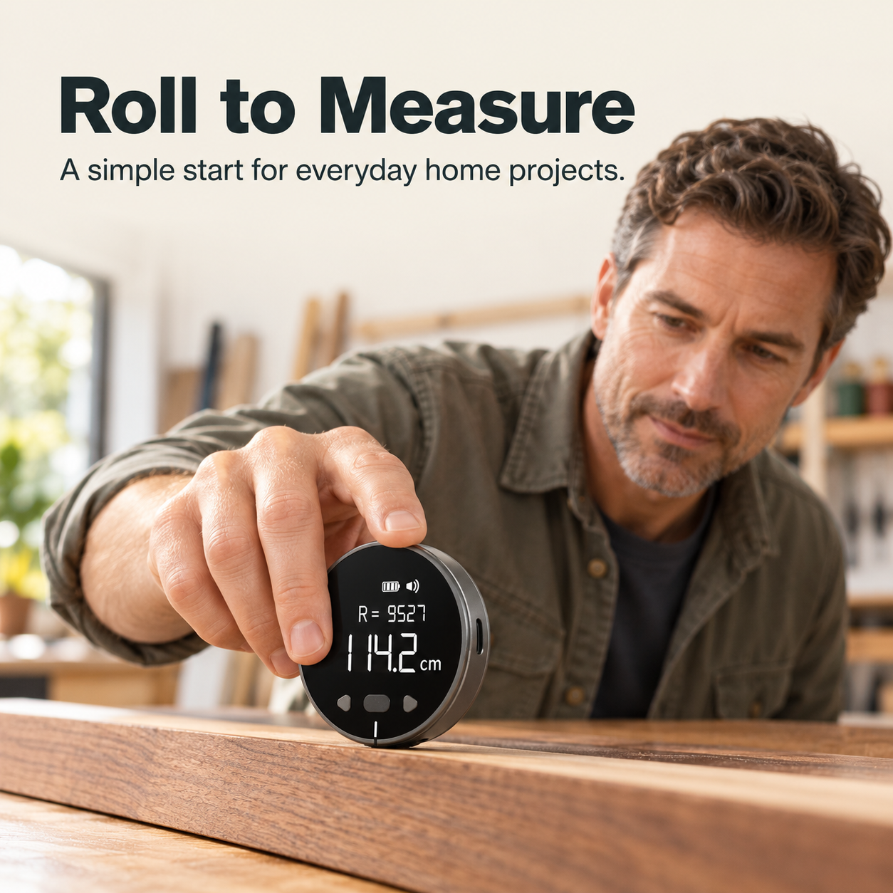 Adult using the digital rolling measuring tool on a straight wood surface
