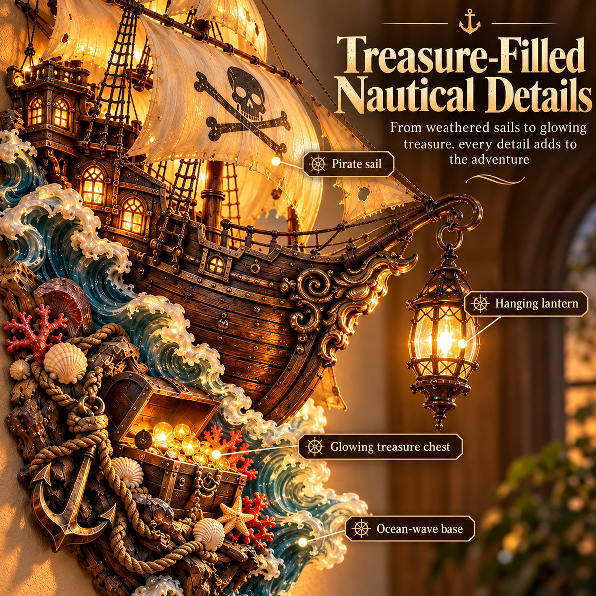 🔥Buy 2 Get 20% OFF🔥🏴‍☠️⛵🔥 Illuminated Pirate Ship Wall Lantern | Glowing Ghost Ship & Treasure Chest Sculpture, Nautical Fantasy Coastal Wall Décor